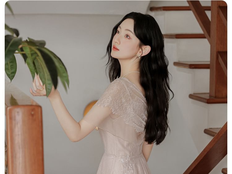 Short-Sleeve V-Neck Floral Embroidered Lace Panel Layered A-Line Evening Dress