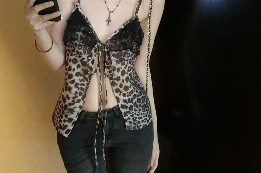 V-Neck Leopard Print Ruffle Panel Tie-Up Slit Cami Top