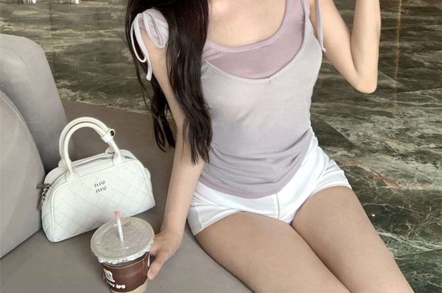 Set: Scoop Neck Plain Tank Top + Tie Shoulder Deep Plunge Plain Camisole Top