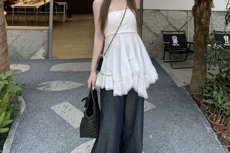 Plain Ruffle Lace Trim Tube Top