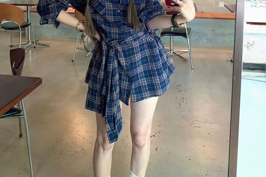 Long Sleeve Collared Plaid Tie-Up Shirt