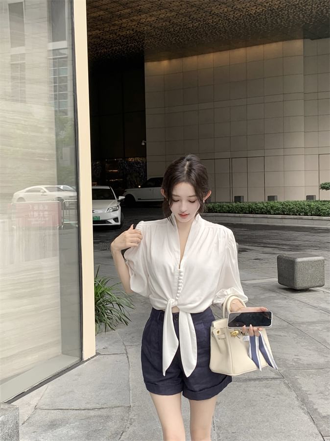 Elbow Sleeve V-Neck Plain Tie Front Blouse