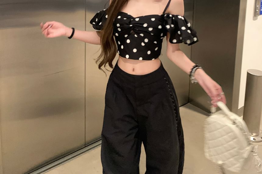 Short-Sleeve Cold Shoulder Dotted Crop Top
