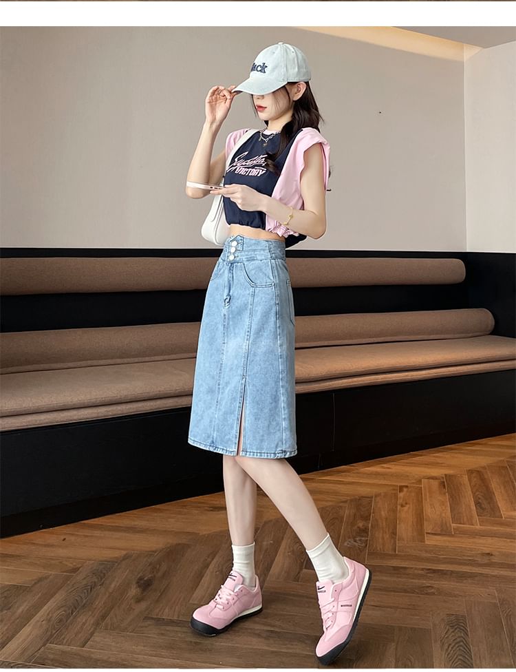 High Rise Washed Slit Denim A-Line Skirt