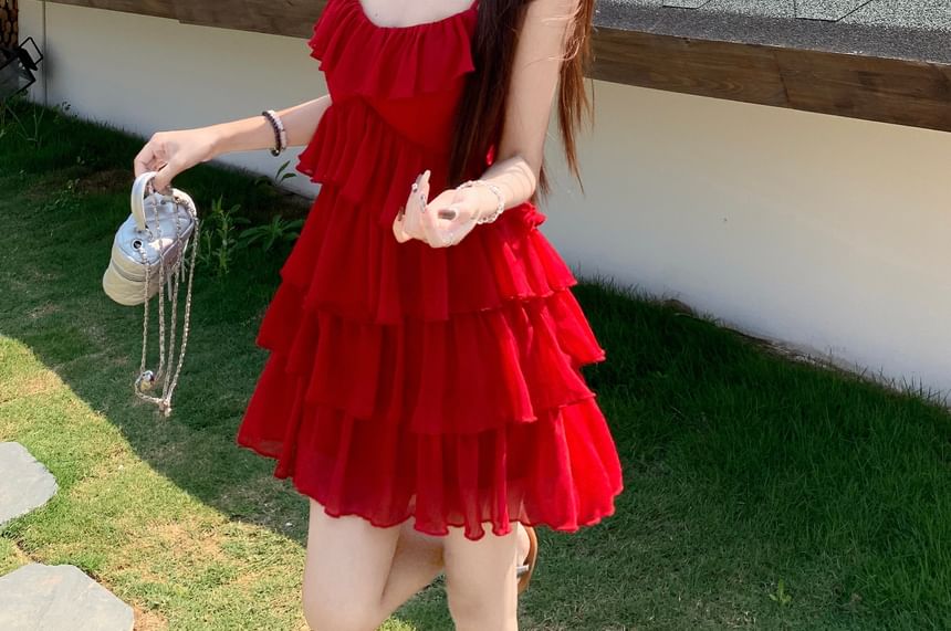 Spaghetti Strap Plain Ruffle Mini Sundress