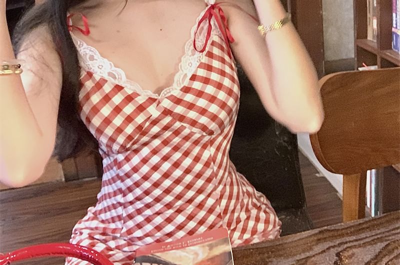 Spaghetti Strap Plaid Lace Trim Bow Mini Bodycon Dress