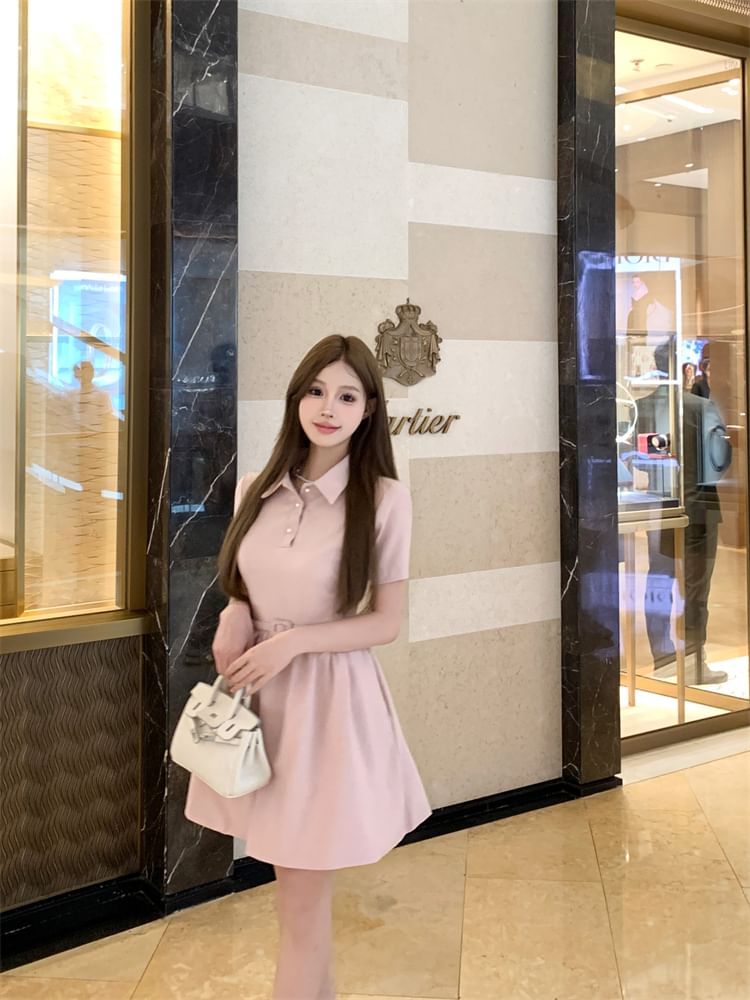 Short-Sleeve Collar Plain Mini A-Line Dress