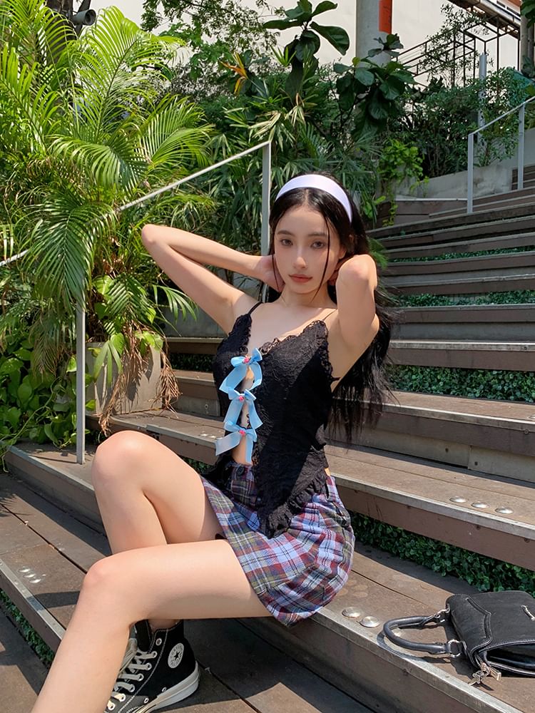 Lace Trim Bow Cutout Camisole Top