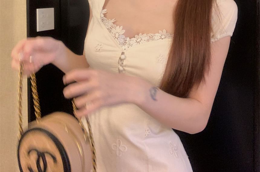 Short-Sleeve Square-Neck Floral Trim Mini A-Line Dress