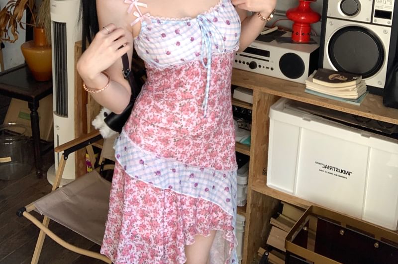 Spaghetti Strap Floral Print Panel Asymmetrical Mini Bodycon Dress