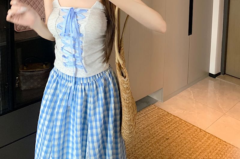 Gingham Lace-Up Tube Top