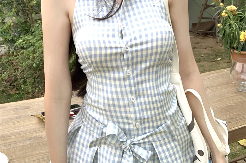 Halter-Neck Gingham Button-Up Pleated Mini A-Line Dress