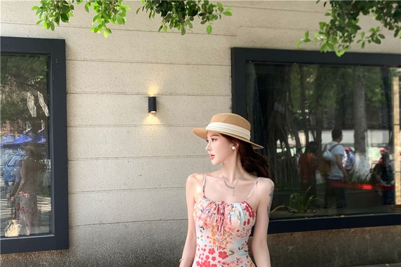 Spaghetti Strap Floral Print Midi Mermaid Dress