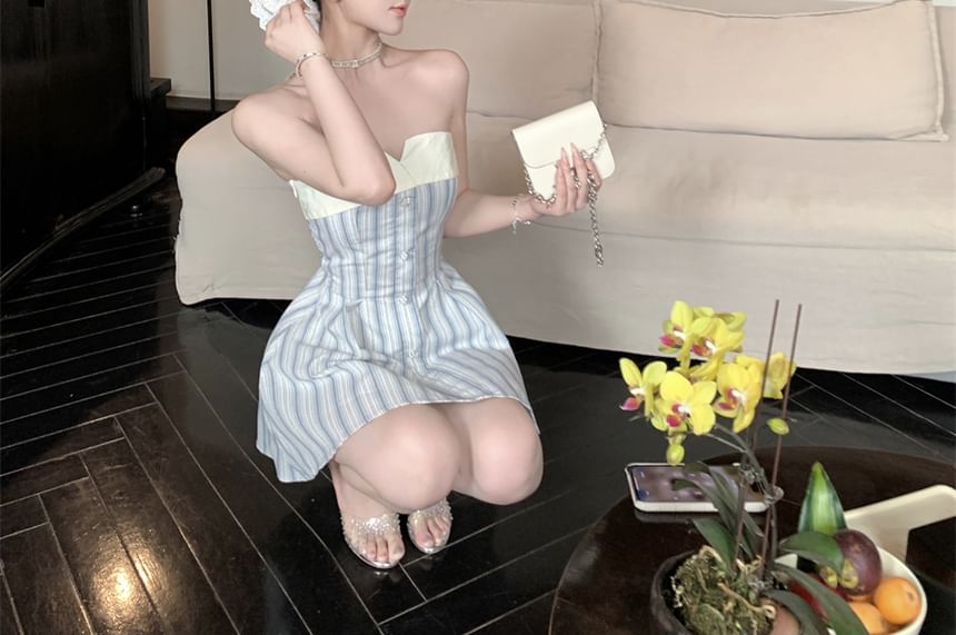 Mini A-Line Striped Strapless Dress