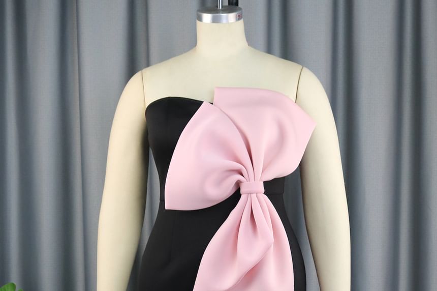 Strapless Bow Two Tone Midi Sheath Evening Dress
