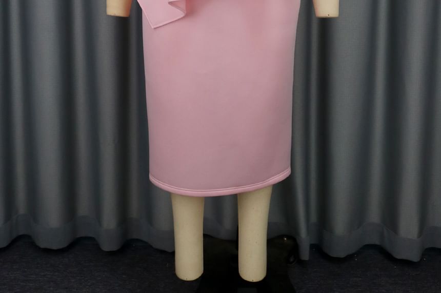 Asymmetrical Bow Front Ruffle Midi Sheath Evening Dress