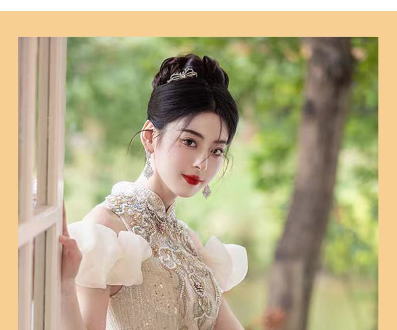 Cold Floral Shoulder Gown Sequin Embroidered Mermaid Stand Evening Collar