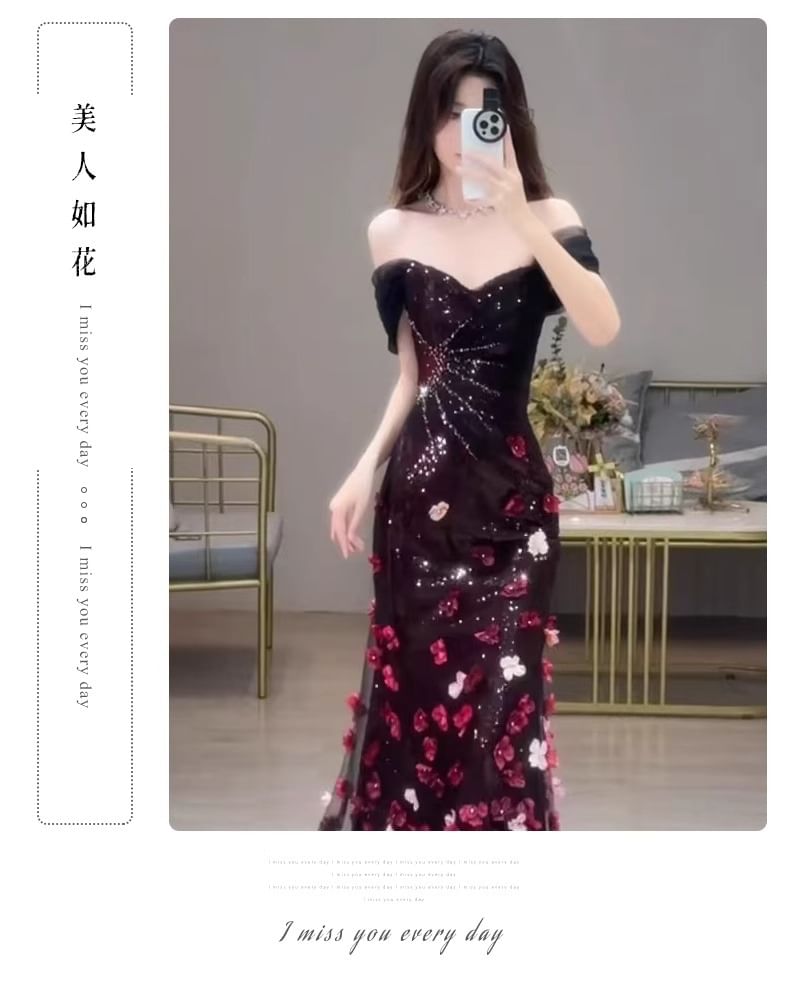 Short-Sleeve Off-Shoulder Sequin Floral Accent Mermaid Evening Gown
