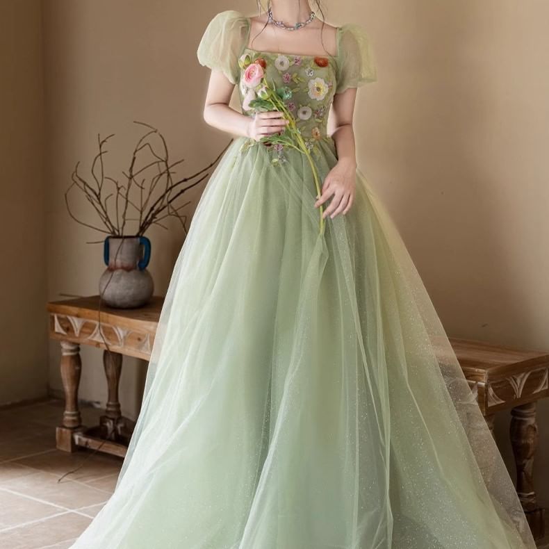 Puff-Sleeve Square Neck Floral Embroidered Sequin A-Line Evening Gown