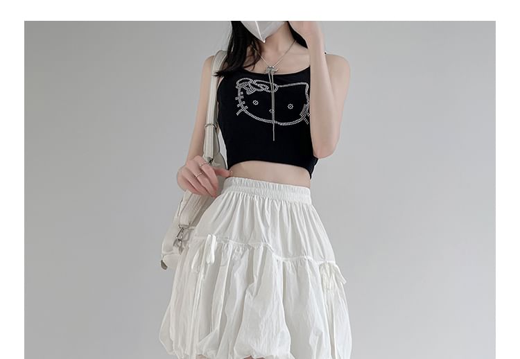 Elastic Waist Plain Bow Bubble Hem Mini A-Line Skirt