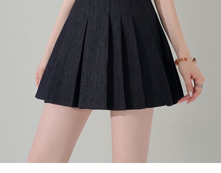 High Waist Pleated Denim Mini A-Line Skirt