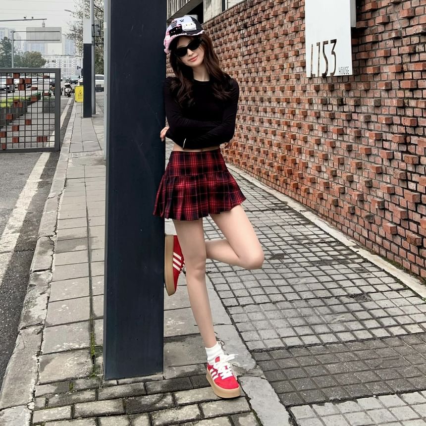 High Waist Plaid Pleated Mini A-Line Skirt