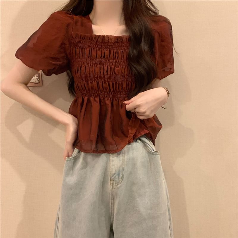Short-Sleeve Square Neck Plain Ruched Peplum Blouse