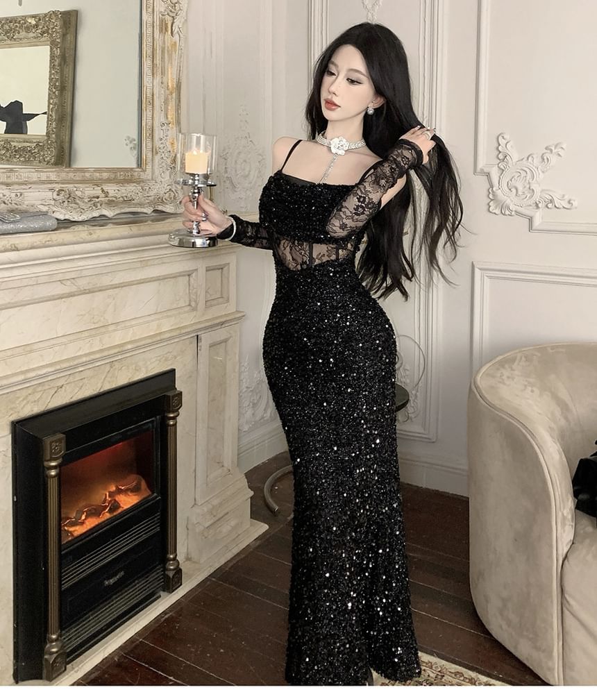 Spaghetti Strap Sequin Lace Panel Mermaid Evening Dress