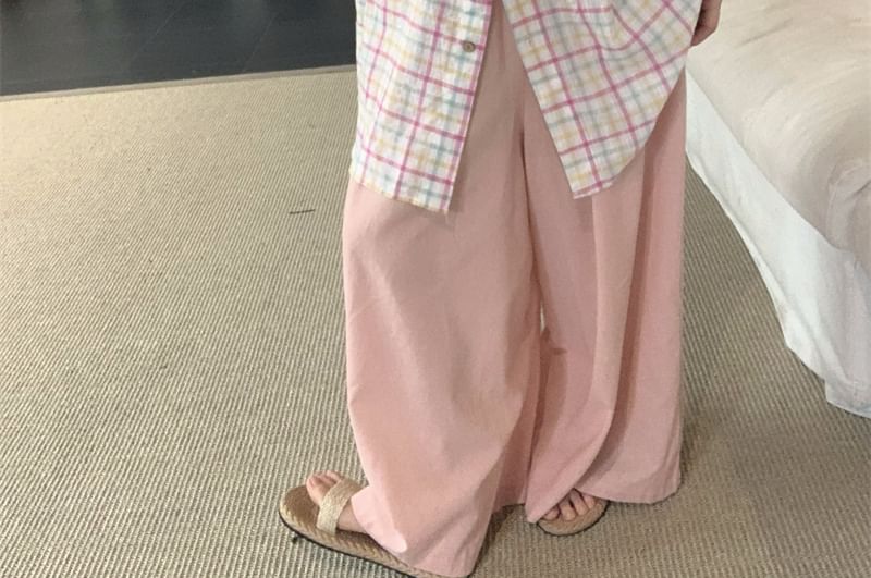 3/4-Sleeve Stand Collar Plaid Button-Up Oversized Blouse