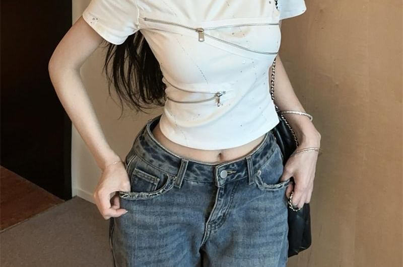 Short-Sleeve Crew Neck Sequin Zipped Slim Fit Crop Tee