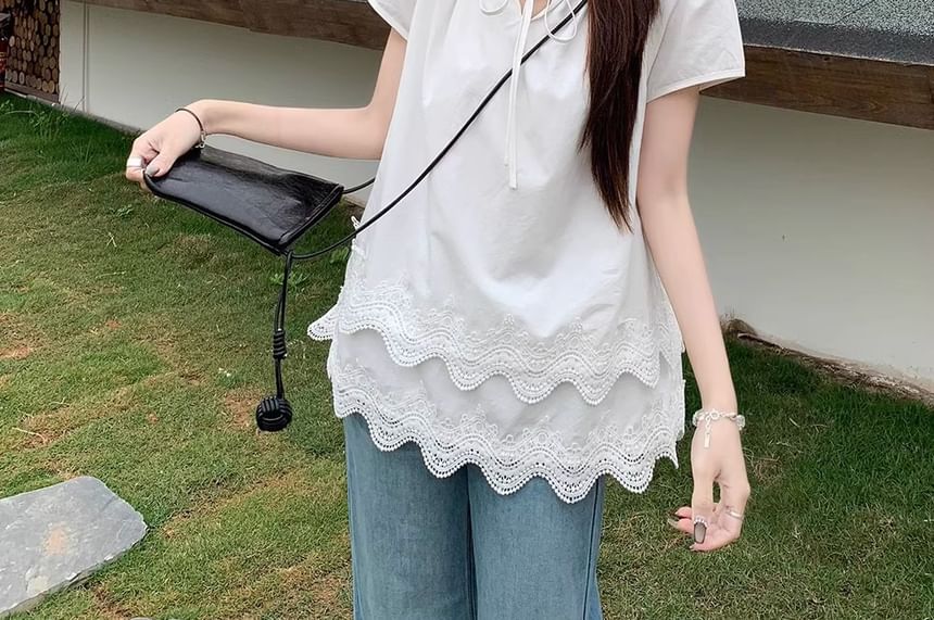 Short-Sleeve Notch Neck Plain Lace Panel Layered Tie Front Blouse