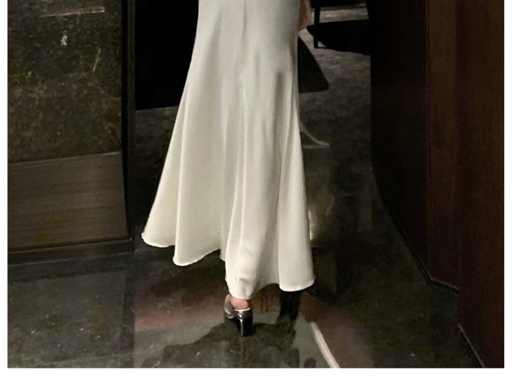 Spaghetti Strap Sequin Panel Open Back Satin Mermaid Evening Dress