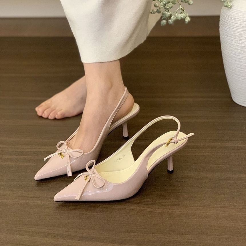 Pointed Toe Bow Slingback Kitten Heel Pumps