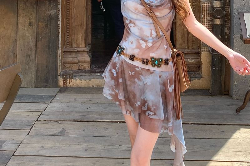 Spaghetti Strap Cowl Neck Butterfly Print Asymmetrical Mini A-Line Dress