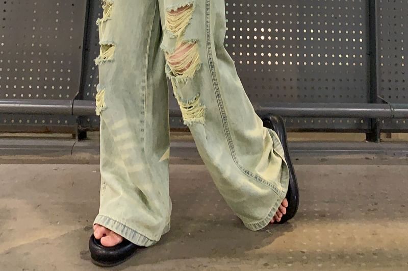 High Rise Ripped Washed Wide Leg Jeans