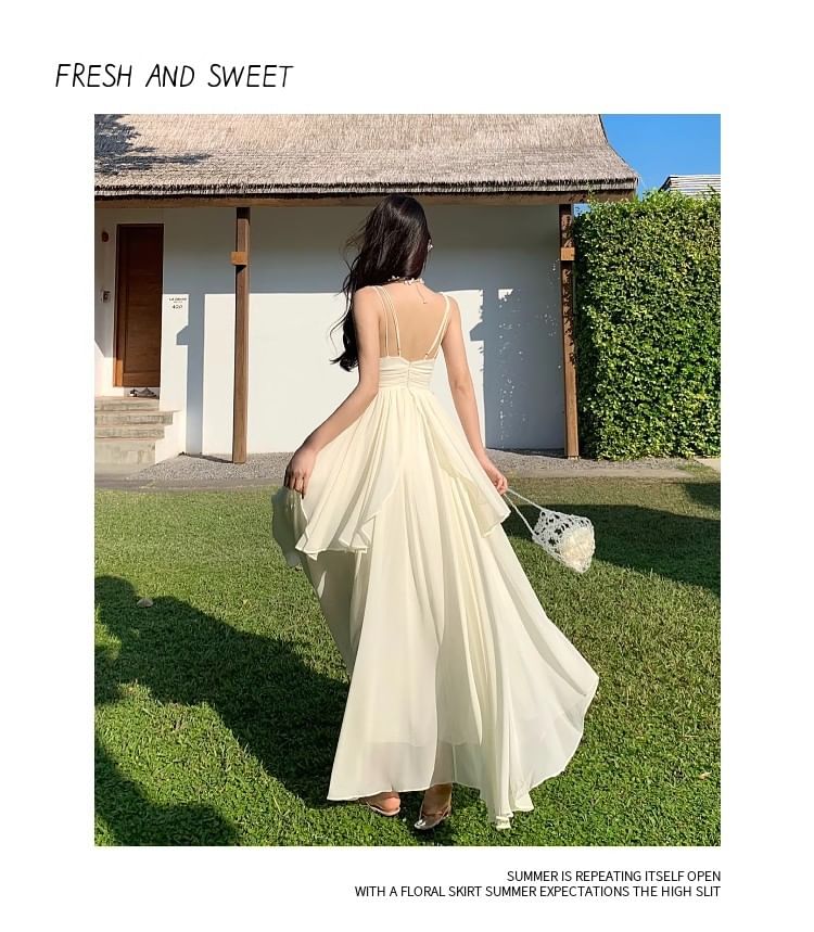 Spaghetti Strap Plain Asymmetrical Maxi A-Line Dress
