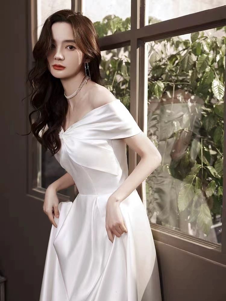 Short Sleeve Off Shoulder Plain Bow Satin Midi A-Line Wedding Dress