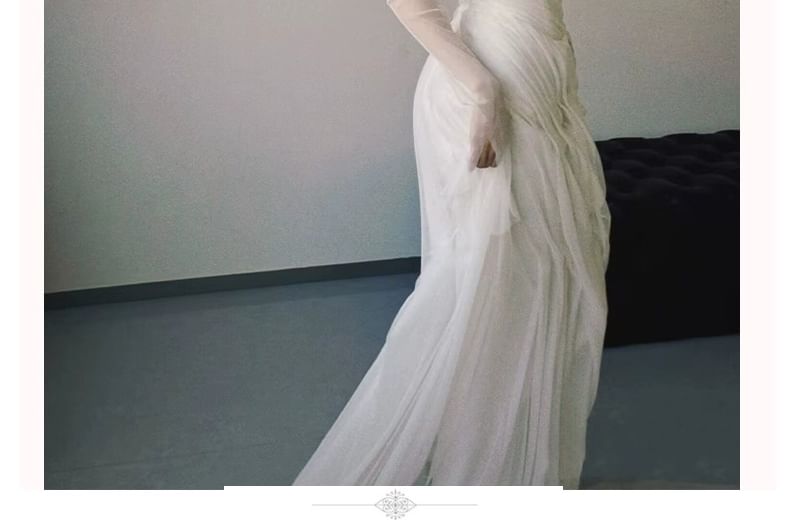 Long Sleeve Off Shoulder Plain Ruched Mesh A-Line Wedding Gown