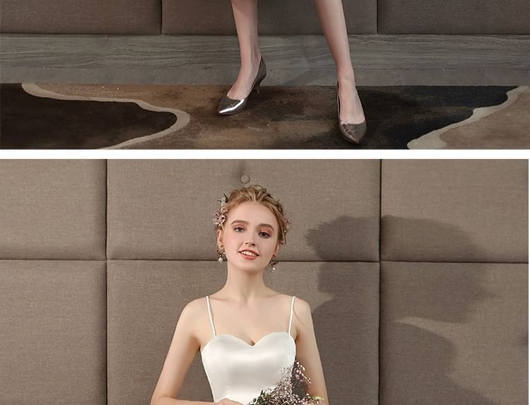 Spaghetti Strap Sweetheart Neck Plain Satin Panel Mesh Midi A-Line Wedding Dress