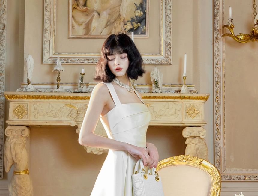 Sleeveless Square Neck Plain Satin Midi A-Line Wedding Dress