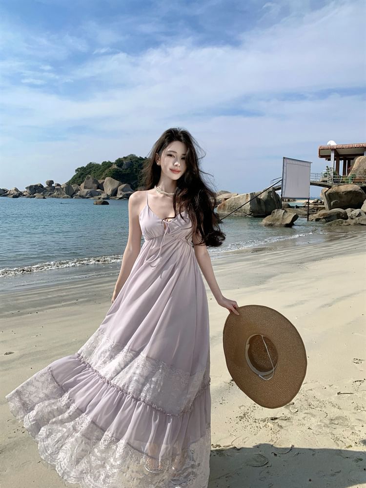 Spaghetti Strap V-Neck Lace Panel Tie Front Maxi A-Line Dress