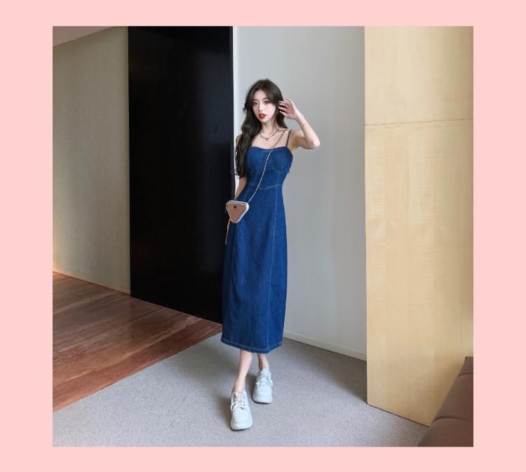 Spaghetti Strap Denim Midi A-Line Dress