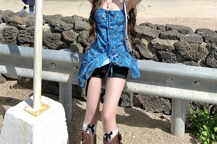 Floral Print Asymmetrical Tie-Up Cami Top