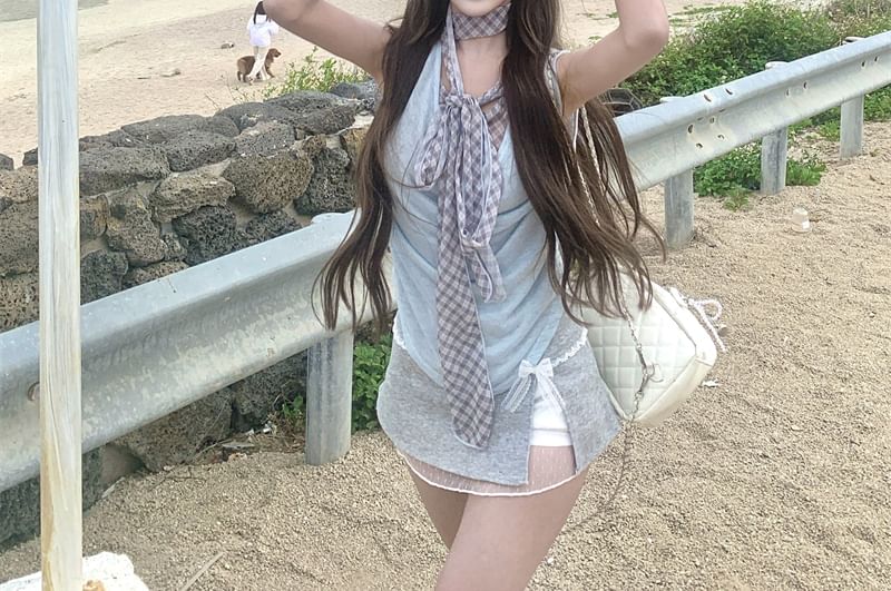 Sleeveless Cowl Neck Plaid Mock Two Piece Top