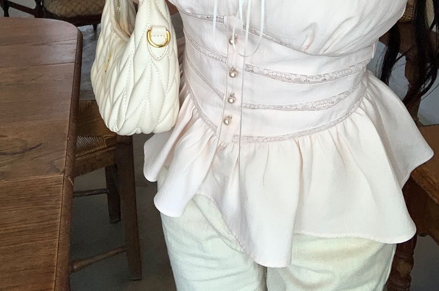 Sleeveless Square Neck Plain Ruffle Bow Panel Lace Blouse