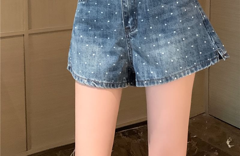 High Waist Dotted Washed Denim Shorts