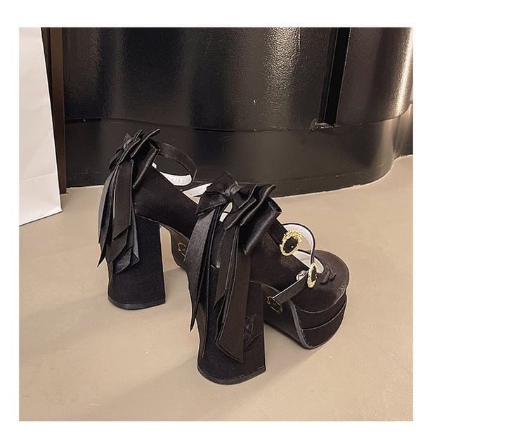 Chunky Embroidered Mary Platform Shoes Bow Jane Heel