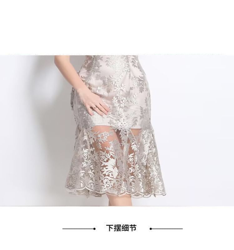 Cap Sleeve Stand Collar Floral Print Mesh Midi Mermaid Cocktail Dress