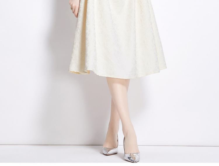 Puff Sleeve Square Neck Rhinestone Ruched Jacquard Midi A-Line Cocktail Dress