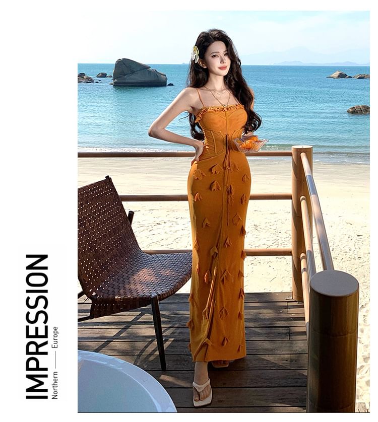 Spaghetti Strap Square Neck Plain Ruffle Trim Maxi Bodycon Dress